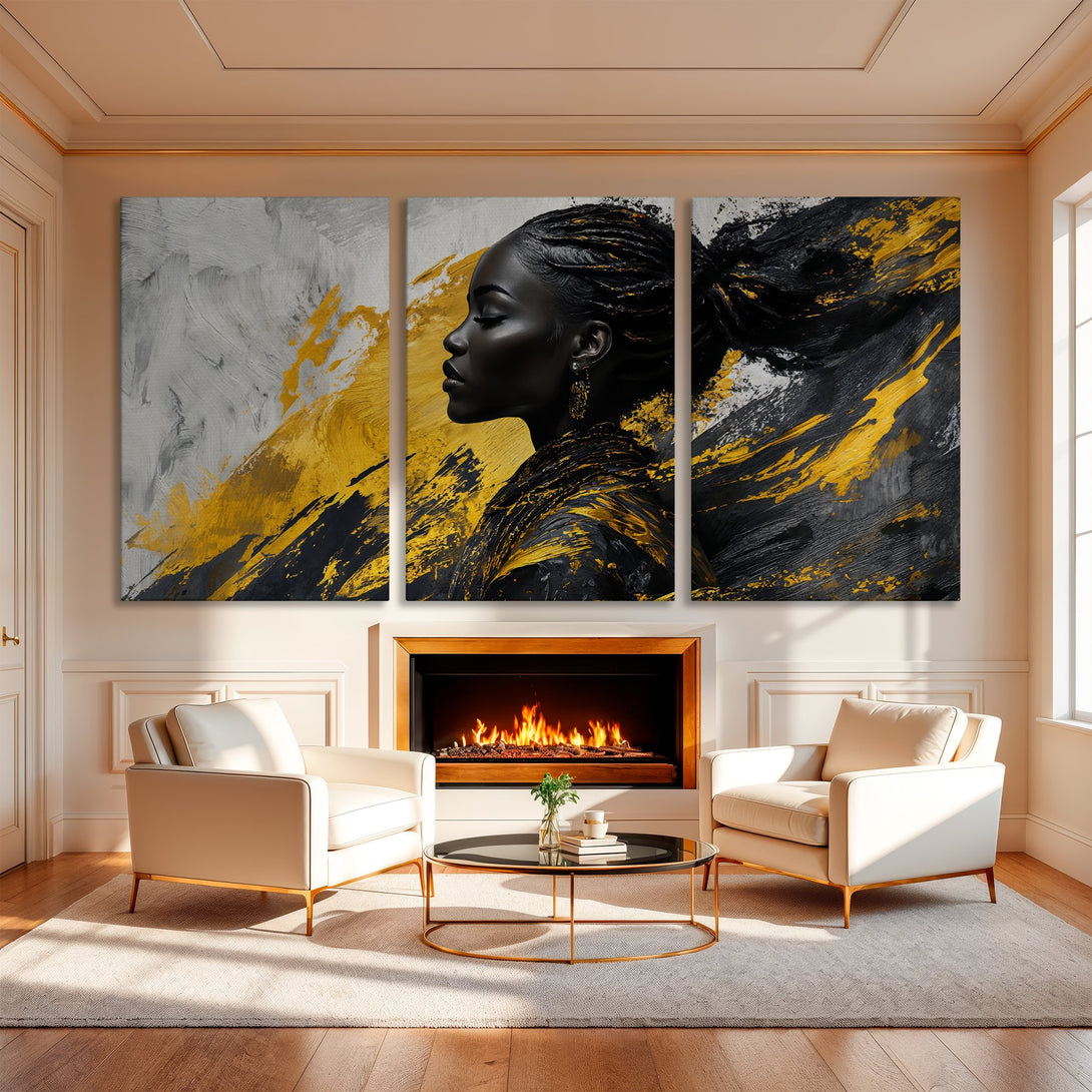 Canvas Print triptych featuring a woman's silhouette in black and gold abstract art. Modern wall decor with a luxurious color palette.