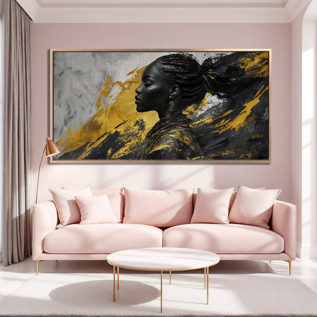 Framed Wall Art: Abstract portrait of a woman in black, gold, and gray. Modern canvas print adds elegance to any space. Shop now!