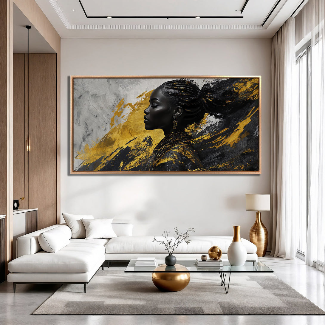 Framed Wall Art featuring a black woman in profile, abstract style with gold and black brushstrokes. Modern, luxurious decor with a neutral color palette.