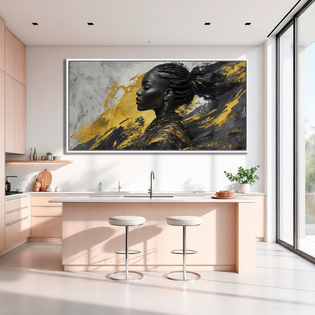 Framed Wall Art: Abstract portrait of a woman in black, gold, and gray. Modern canvas print adds a touch of elegance to any interior.