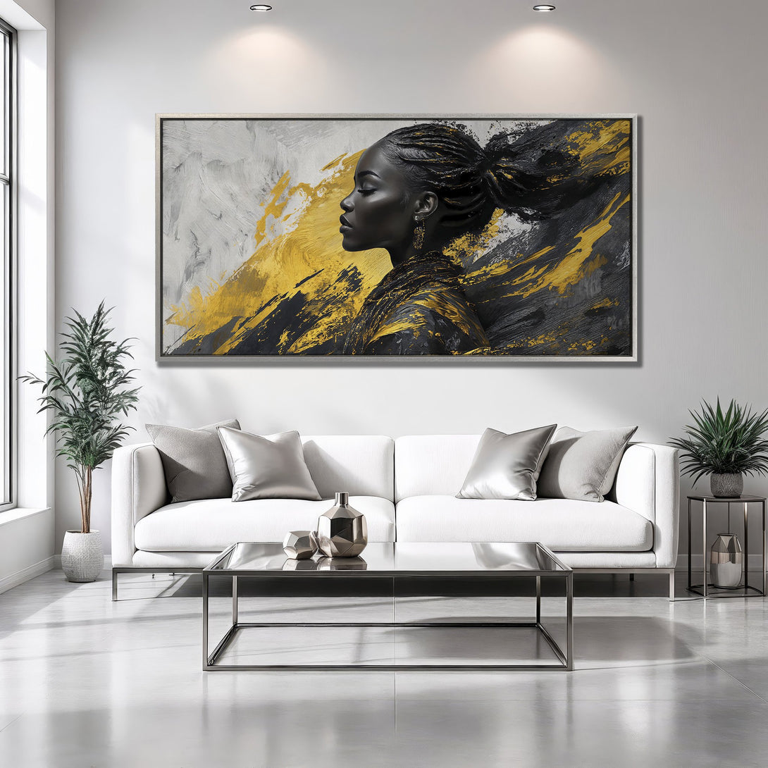 Framed Wall Art: Abstract portrait of a woman in black, gold, and white. Modern art canvas print for stylish home decor.
