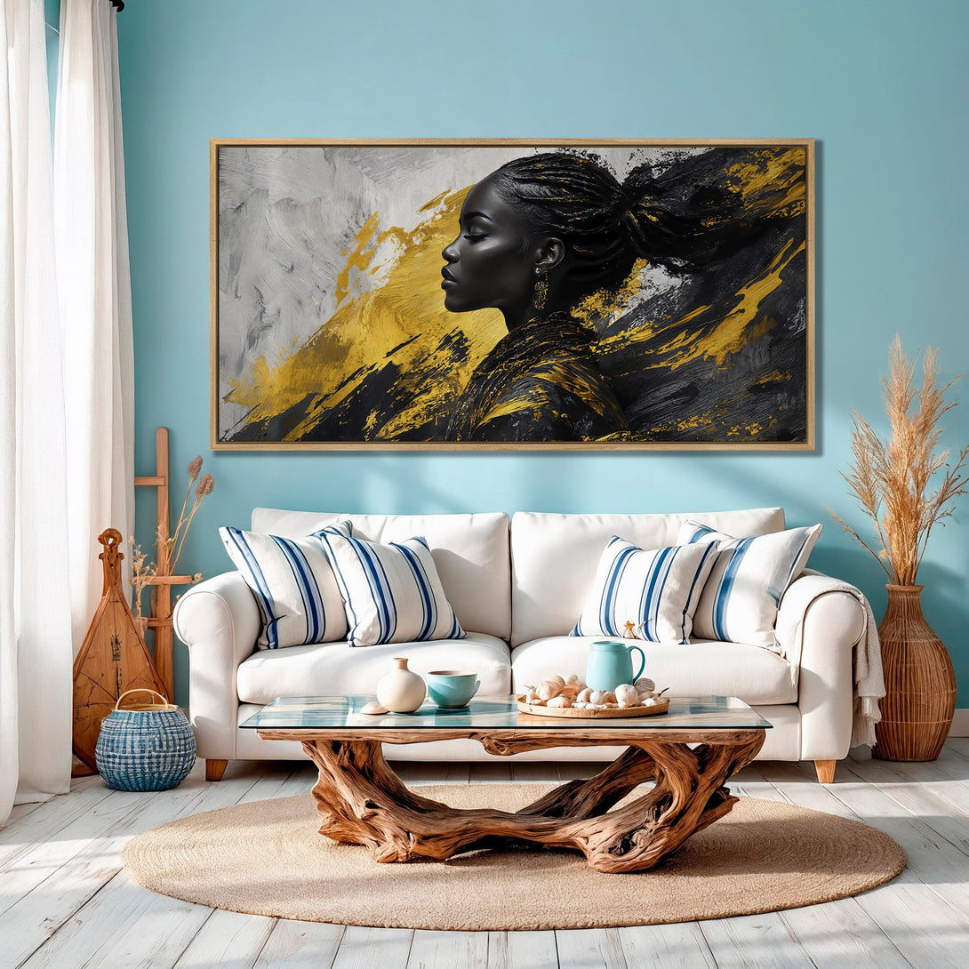 Framed Wall Art: Abstract portrait of a woman in black, gold, and grey. Modern art canvas print adds elegance to any living room.