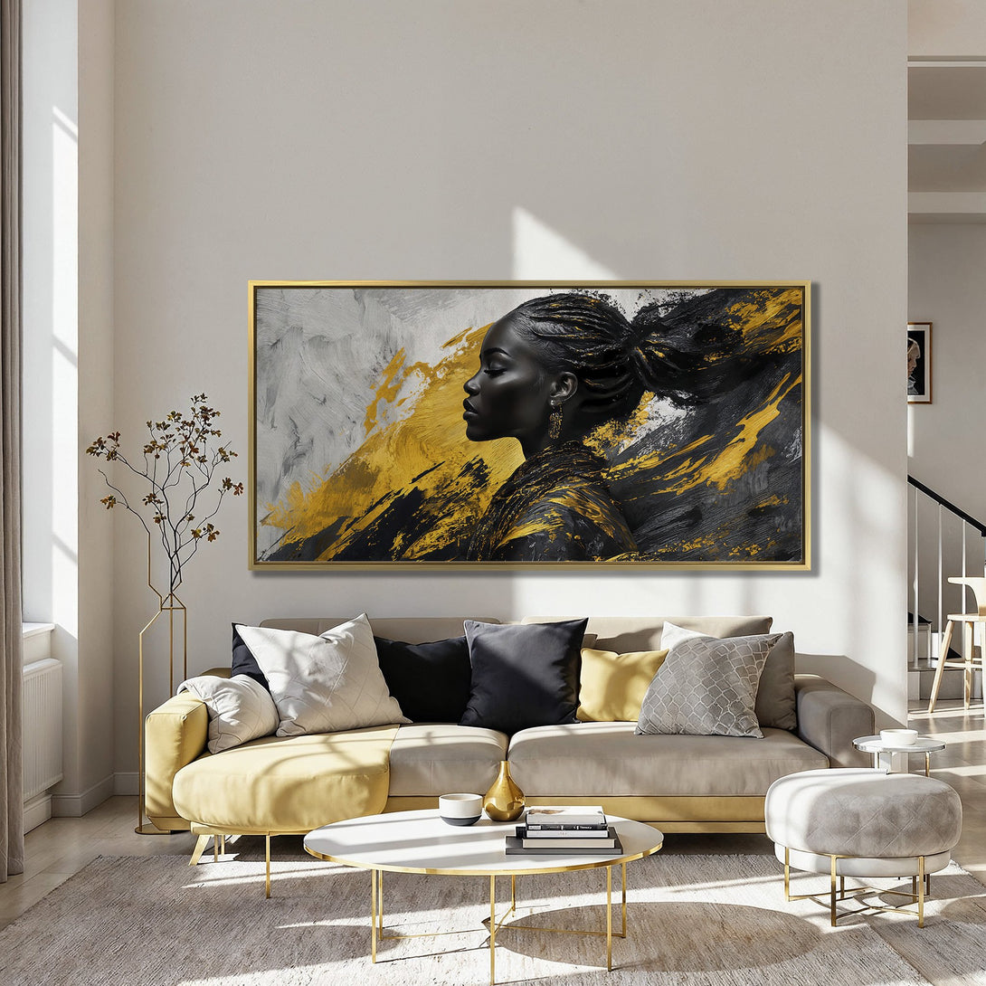 Canvas Print featuring an abstract portrait of a woman in black, gold, and white. Modern art for a stylish home.