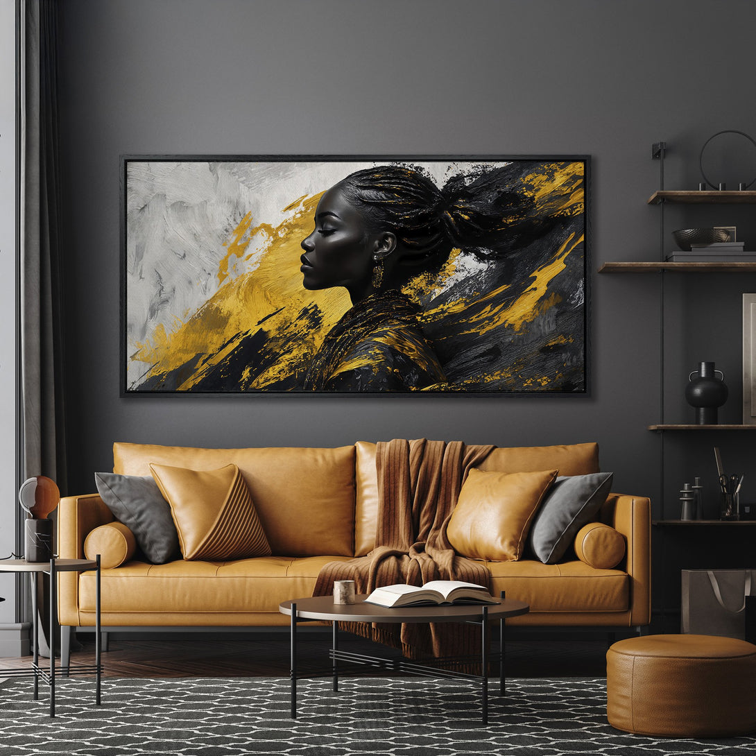 Framed Wall Art featuring a black woman portrait in an abstract style with gold, black, and white color palette. Modern art for your home decor.