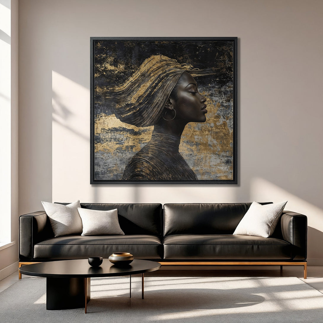 Framed Wall Art: Abstract portrait in black, gold, and neutral tones. Modern Canvas Print of a woman's profile, perfect for living room decor.