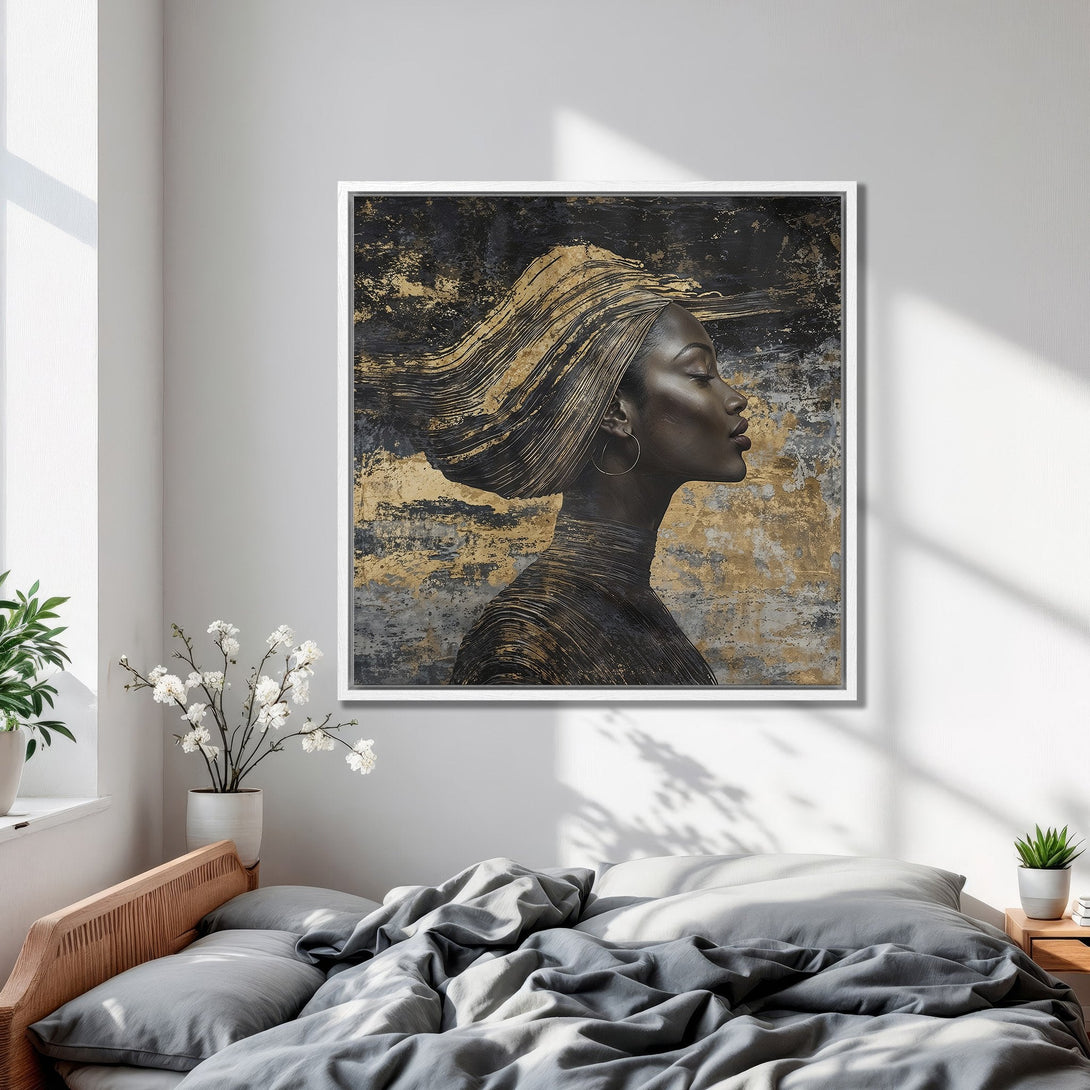 Framed Wall Art featuring an abstract portrait of a woman in black and gold. Modern art canvas print with a luxurious, neutral color palette.