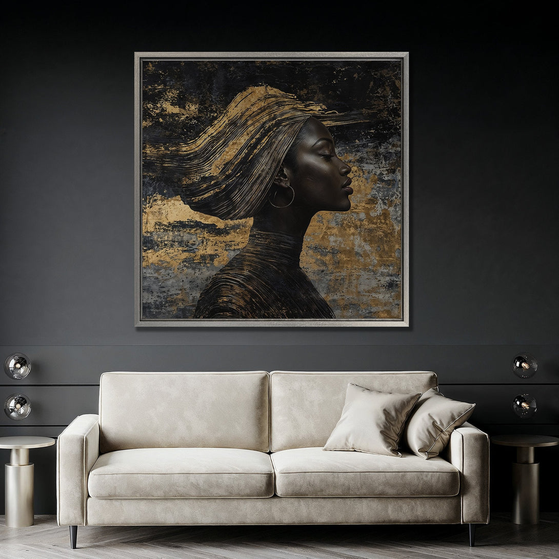 Framed Wall Art: Abstract portrait of a woman with gold accents. Dramatic black & gold color palette. Modern art for home decor.