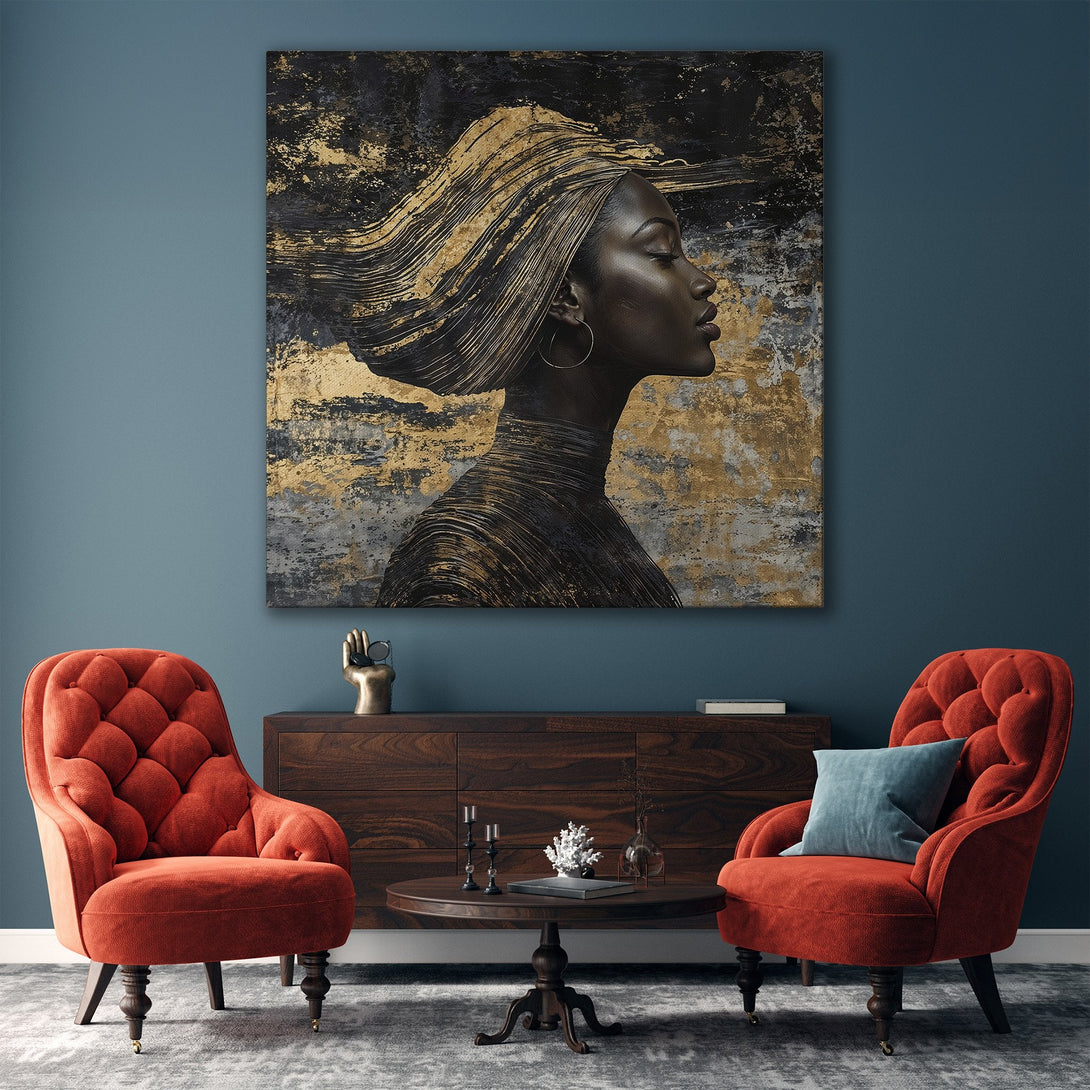 Framed Wall Art: Elegant portrait of a woman with gold accents, black and gold abstract background. Modern art for your home, neutral color palette.
