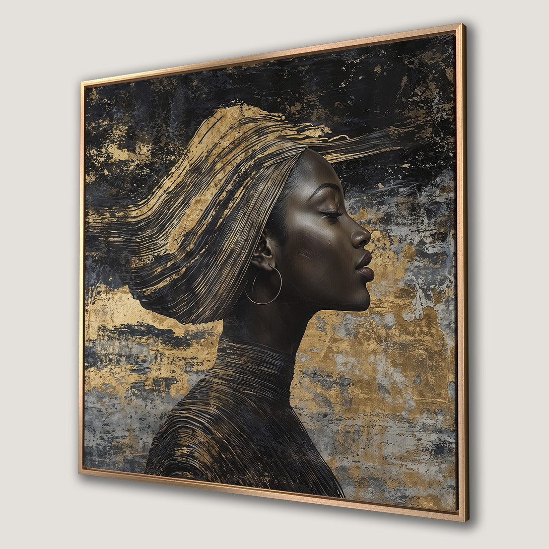 Framed Wall Art featuring a profile of a woman in black and gold. Abstract style with a luxurious, modern aesthetic. Perfect for home decor.