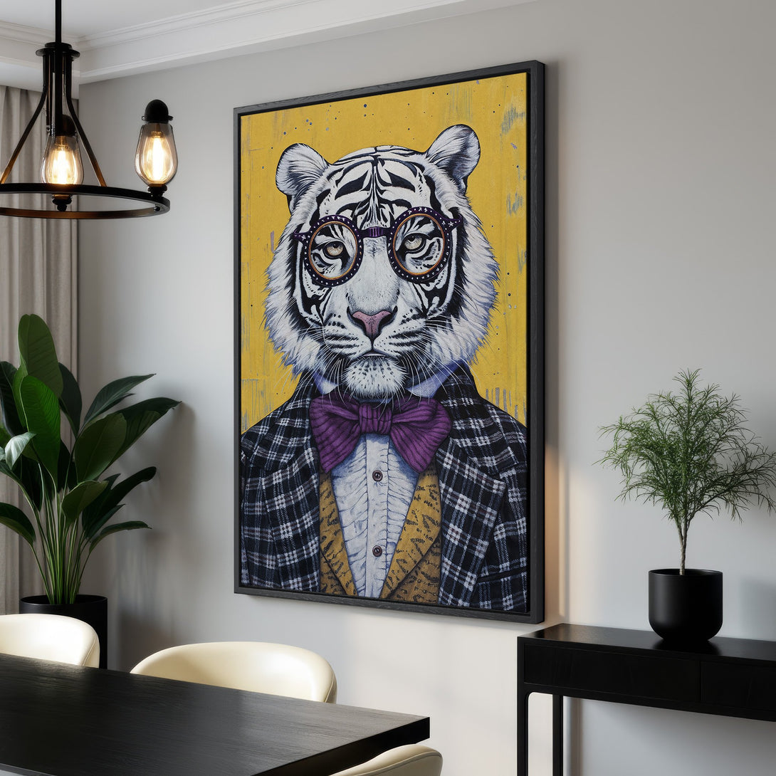 Framed Wall Art featuring a dapper tiger in glasses and plaid suit. Bold yellow background with black and white accents. Stylish home decor.