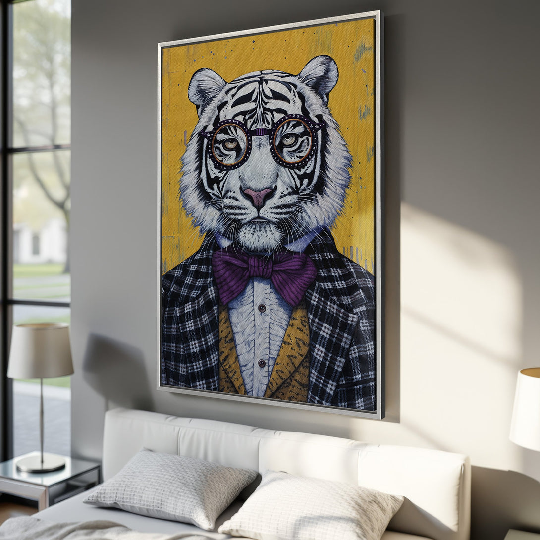 Framed Wall Art of a dapper tiger in a suit with a yellow background. Unique animal portrait in a modern interior, featuring a bold color palette.