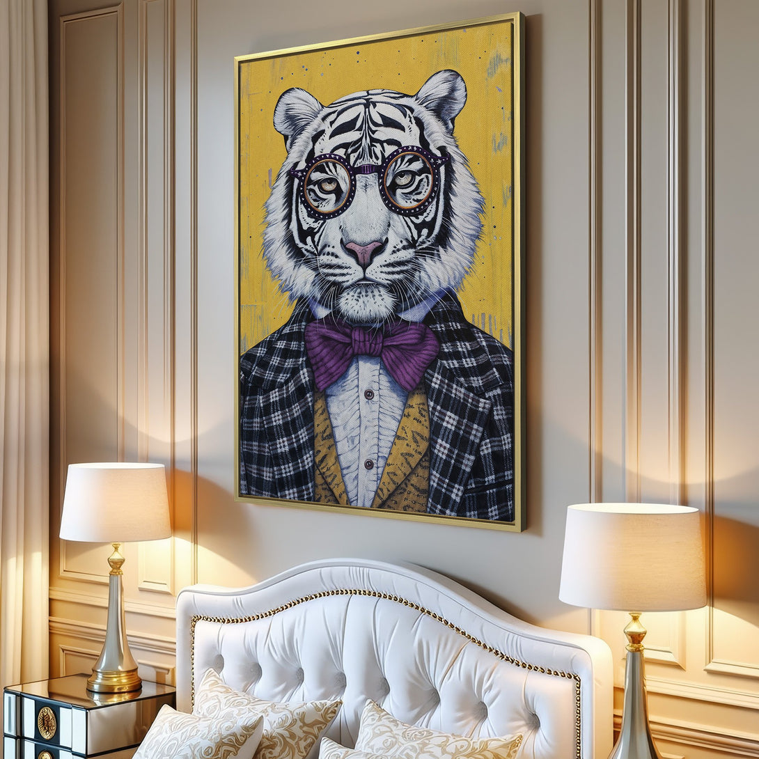 Canvas Print of a dapper tiger in a plaid suit and glasses, on a yellow background. Modern art with a pop of purple.