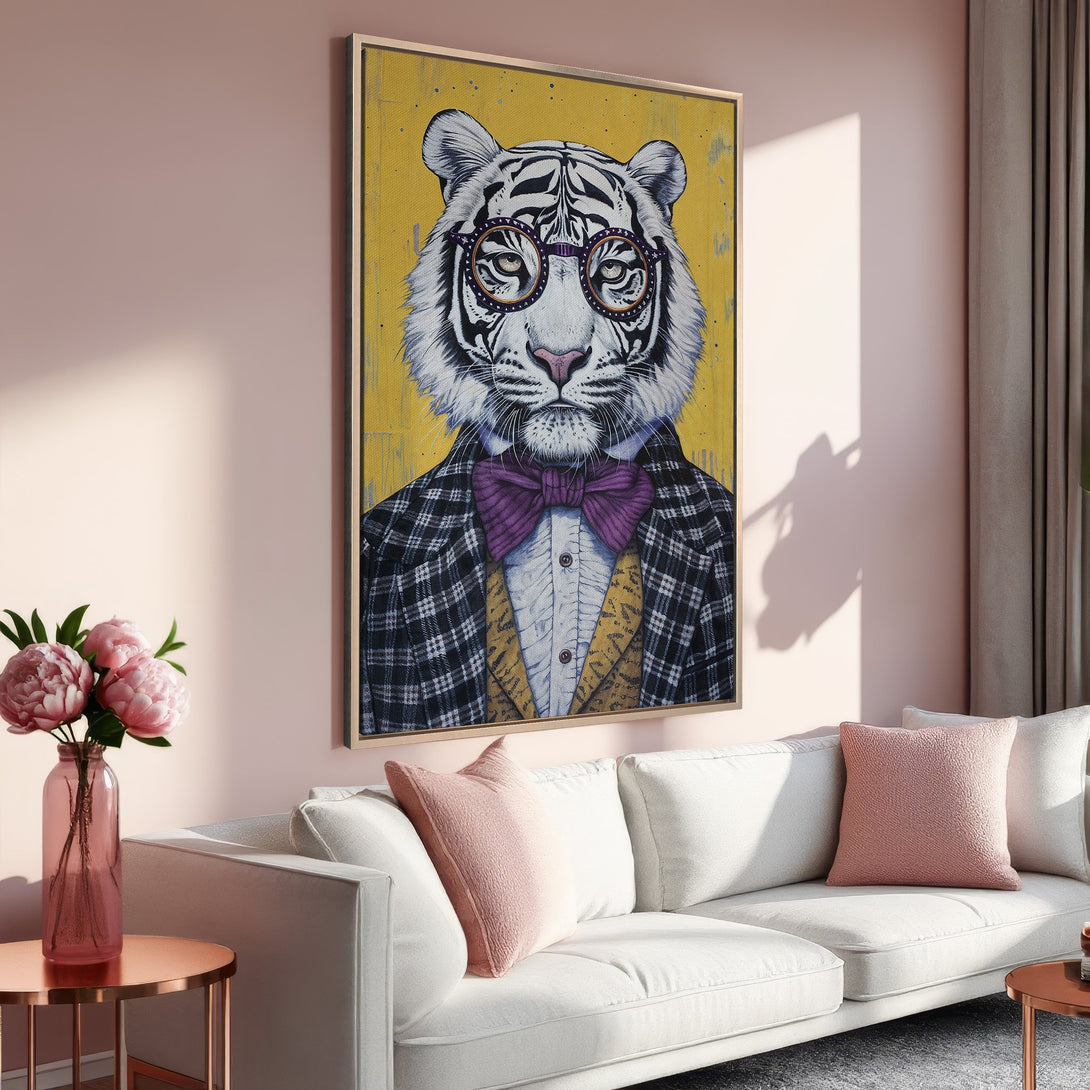 Framed Wall Art: Hipster tiger portrait in a modern interior. Features a yellow, pink, and neutral color palette. Perfect for adding personality to your space!