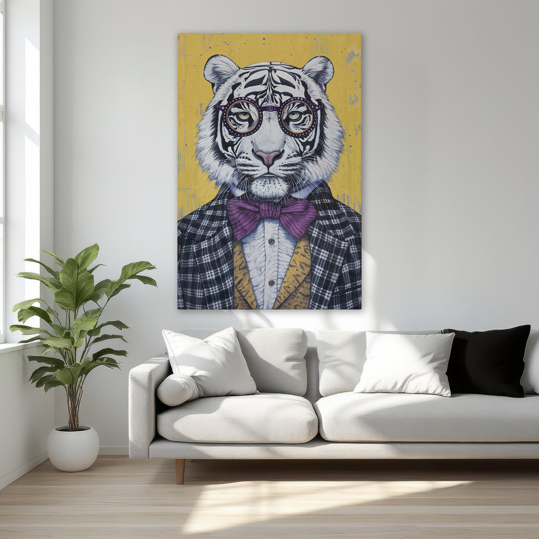 Framed Wall Art: Dapper tiger portrait in a plaid suit with a yellow background. Stylish, modern art with a bold color palette, perfect for any room.