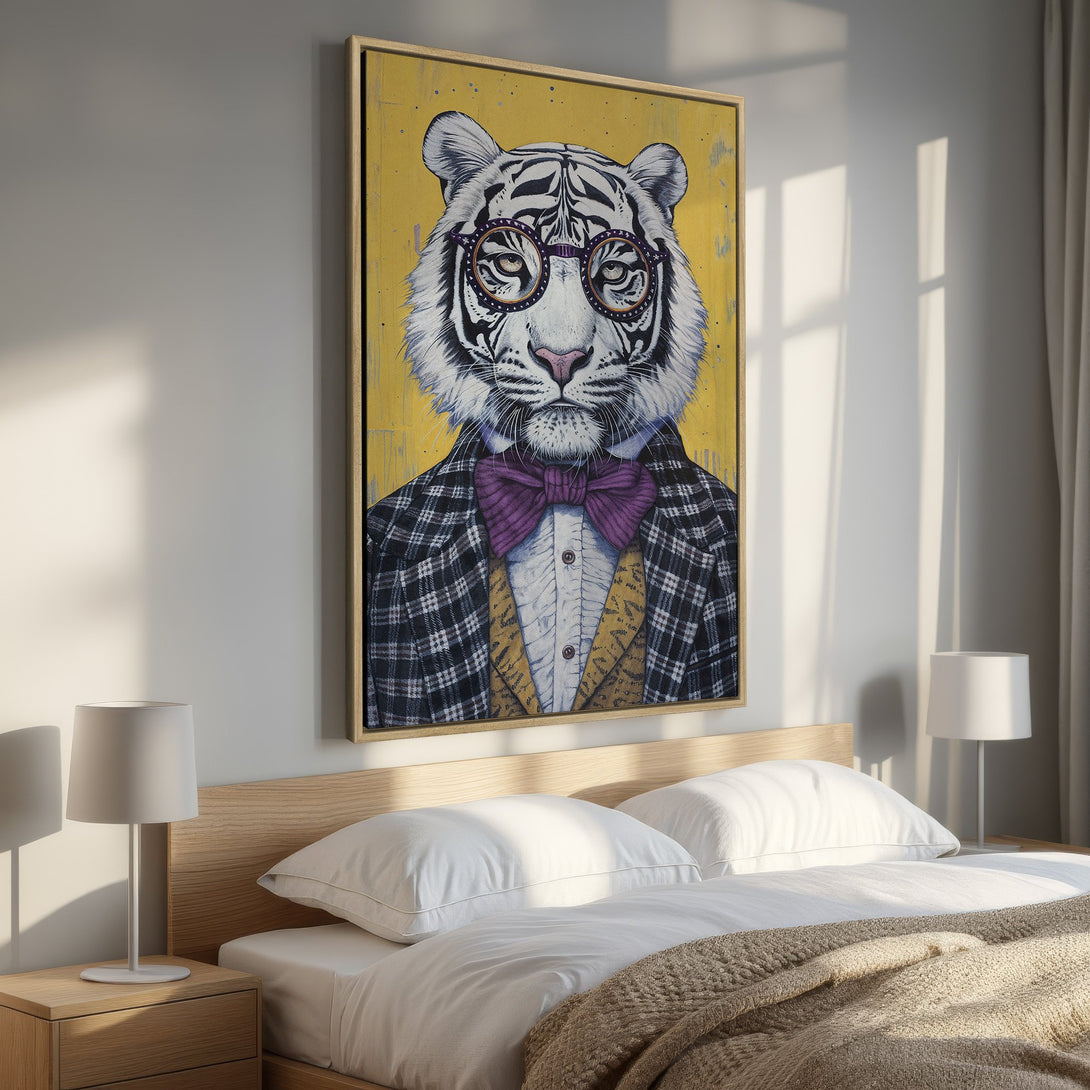 Framed Wall Art: Dapper tiger portrait in a bedroom. Modern, whimsical style with yellow, black, and purple color palette. Elevate your space with unique art.