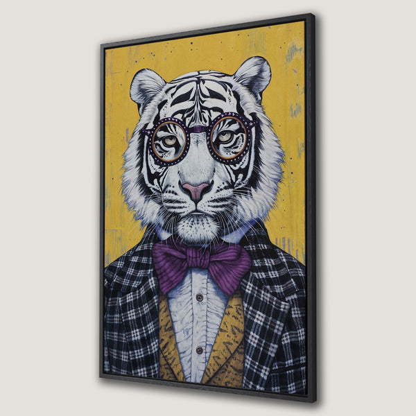 Framed Wall Art: Dapper tiger portrait with glasses and bow tie. Whimsical art in yellow, black, white, and purple. Unique canvas print for stylish decor.