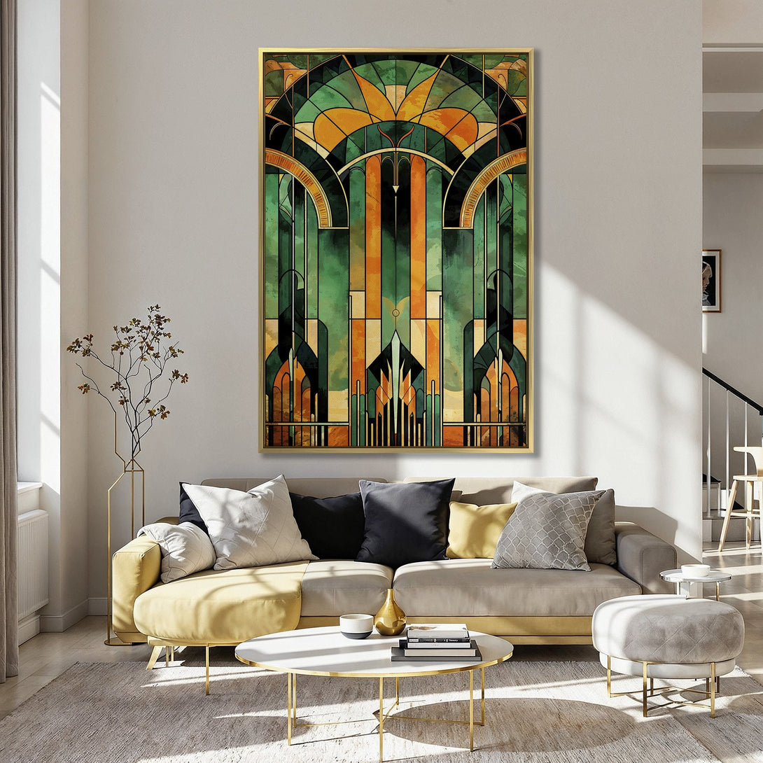 Canvas Print: Art Deco style wall art in green, orange, and gold tones. Adds a touch of elegance to any space. Perfect for home decor.