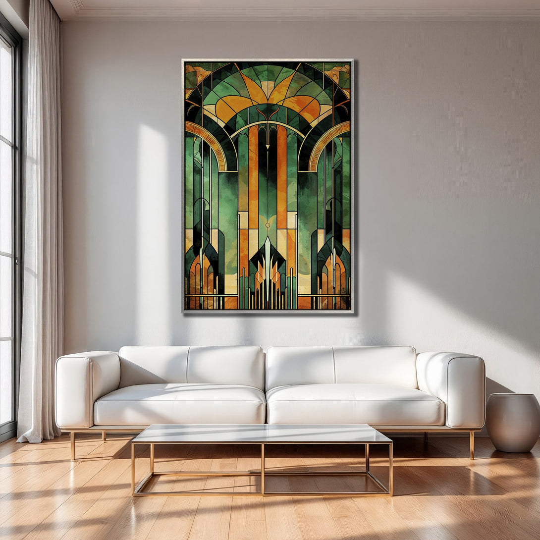 Framed Wall Art featuring an Art Deco design with green, orange, and gold tones. Perfect for modern living rooms. Shop our collection today!