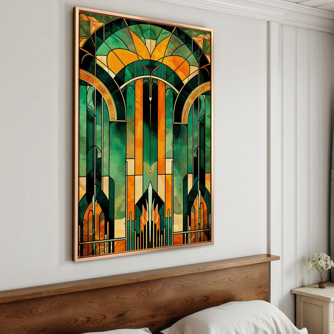 Framed Wall Art featuring an Art Deco design in green and orange hues. Elevate your space with this stunning canvas print!