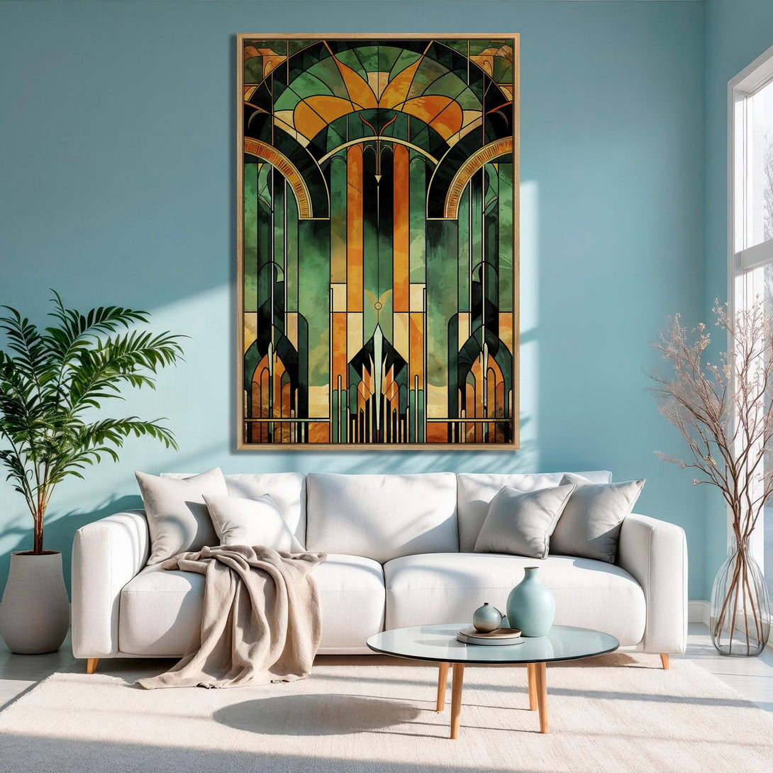 Framed Wall Art featuring an Art Deco design in green and gold hues. Modern living room decor with a teal wall and white sofa.