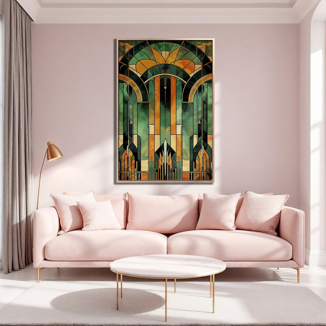 Framed Wall Art featuring an Art Deco stained glass design in green and gold. Adds a touch of elegance to any living room.