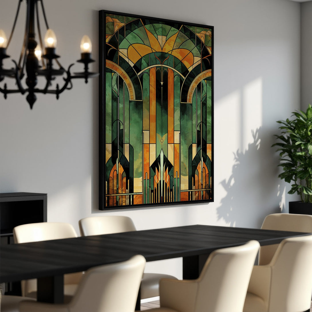 Framed Wall Art: Stunning Art Deco-style canvas print with a green, orange, and gold color palette. Perfect for adding a touch of elegance to your dining room.