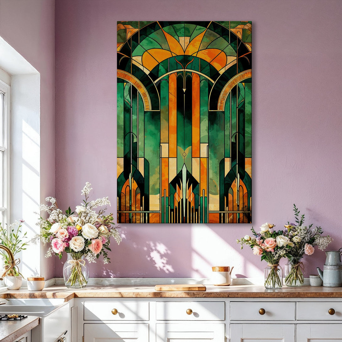 Framed Wall Art: Art Deco style canvas print with vibrant green, orange, and gold tones. Perfect for adding a touch of elegance and color to your living room.