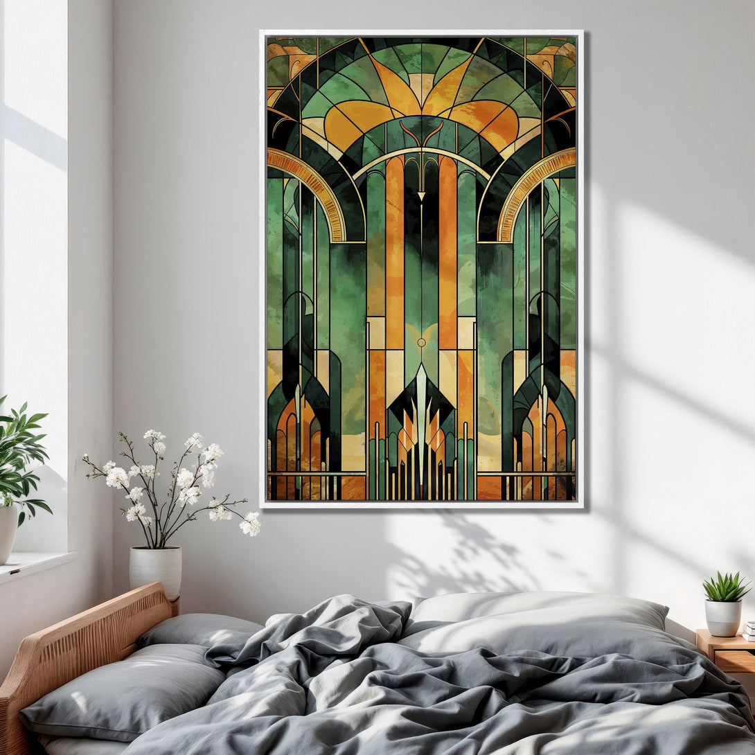 Framed Wall Art: Art Deco style canvas print in green, orange, and gold. Perfect for bedroom decor. Elevate your space with this stunning artwork!