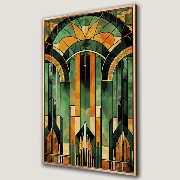 Framed Wall Art: Art Deco stained glass design in green, orange, and gold. Add a touch of vintage elegance with this beautiful canvas print.