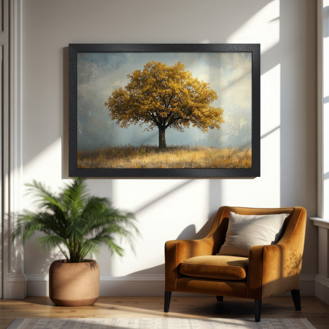 Framed Poster of a golden tree in a field. Warm color palette, perfect for home decor. Enhance your space with this art print.