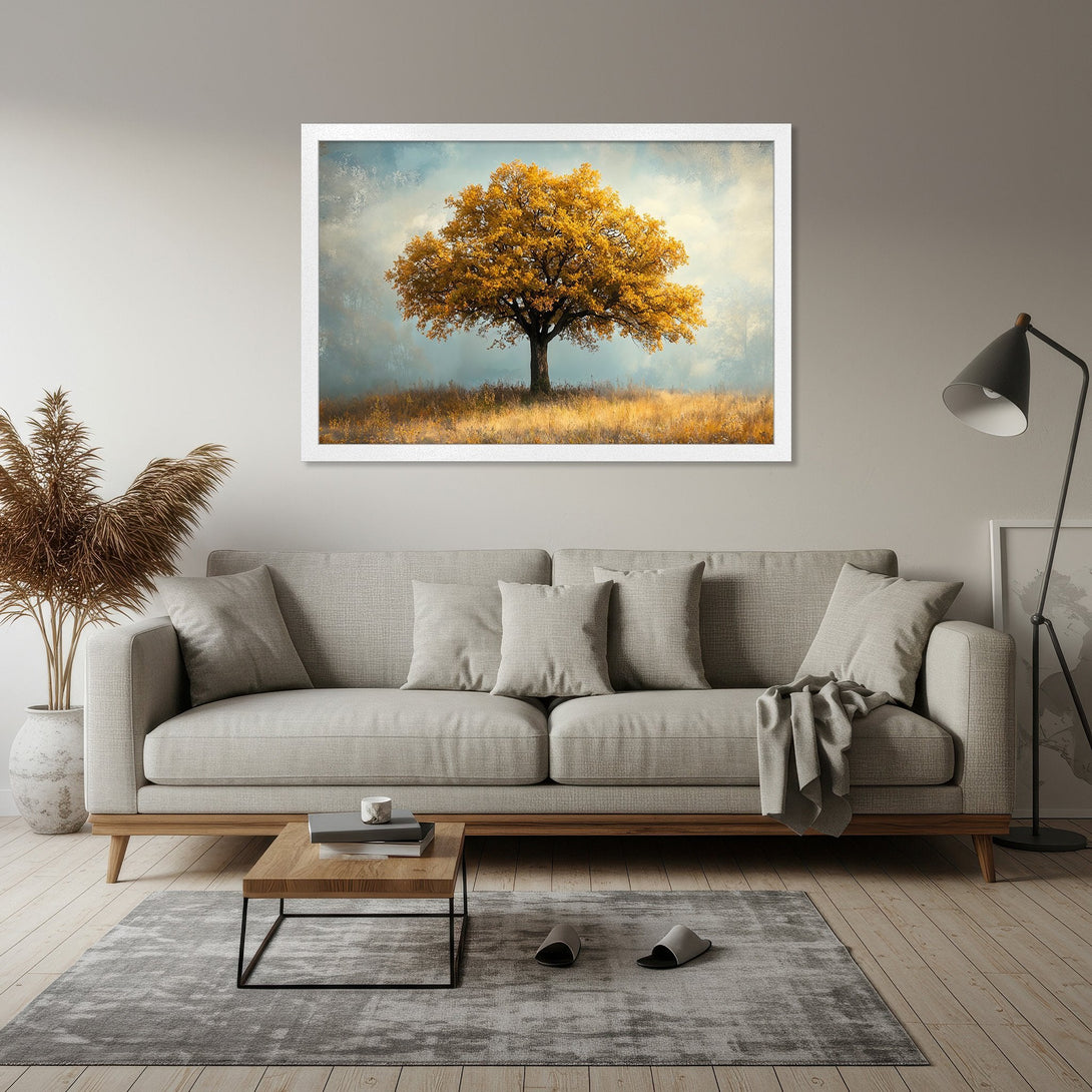 Framed Poster featuring a majestic tree in autumn colors. Warm gold and blue tones create a serene, artistic landscape perfect for home decor.