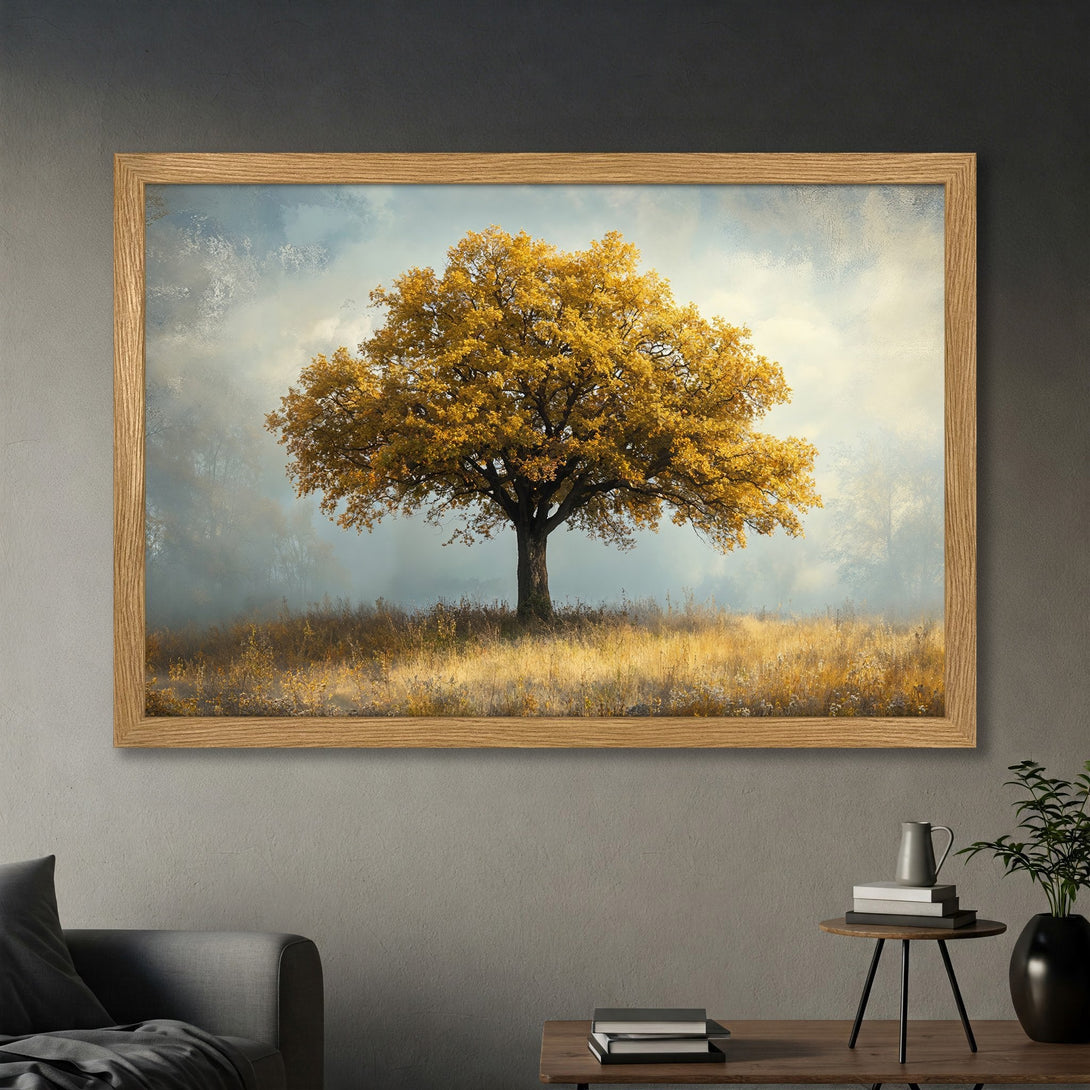 Framed Poster featuring a majestic tree in a warm, golden color palette. Rustic art print for home decor.