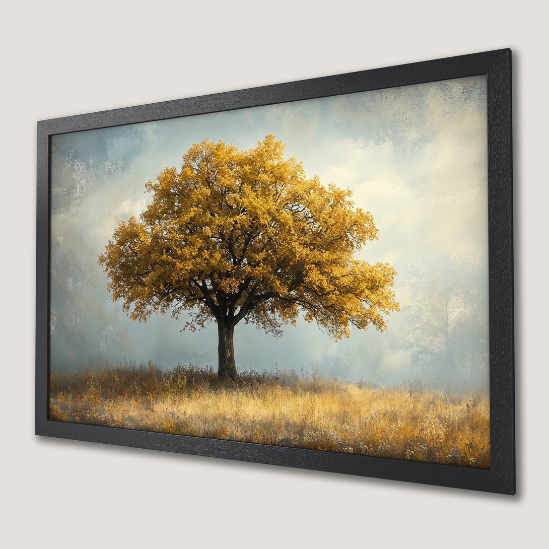 Framed Poster of a majestic tree in a golden field. Artistic style, warm yellow & blue color palette. Perfect wall art.