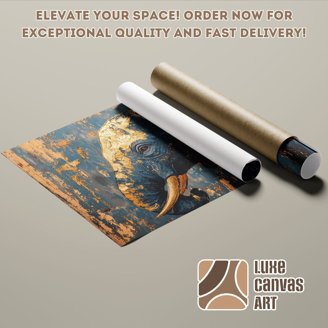 Abstract elephant art poster roll in blue, gold, and brown tones. Elevate your space!