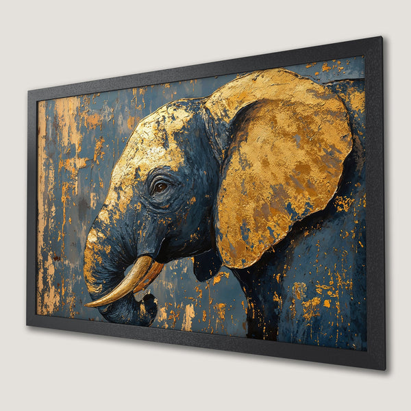 Framed Poster: Abstract elephant art print in blue and gold. Modern wall decor for your home.