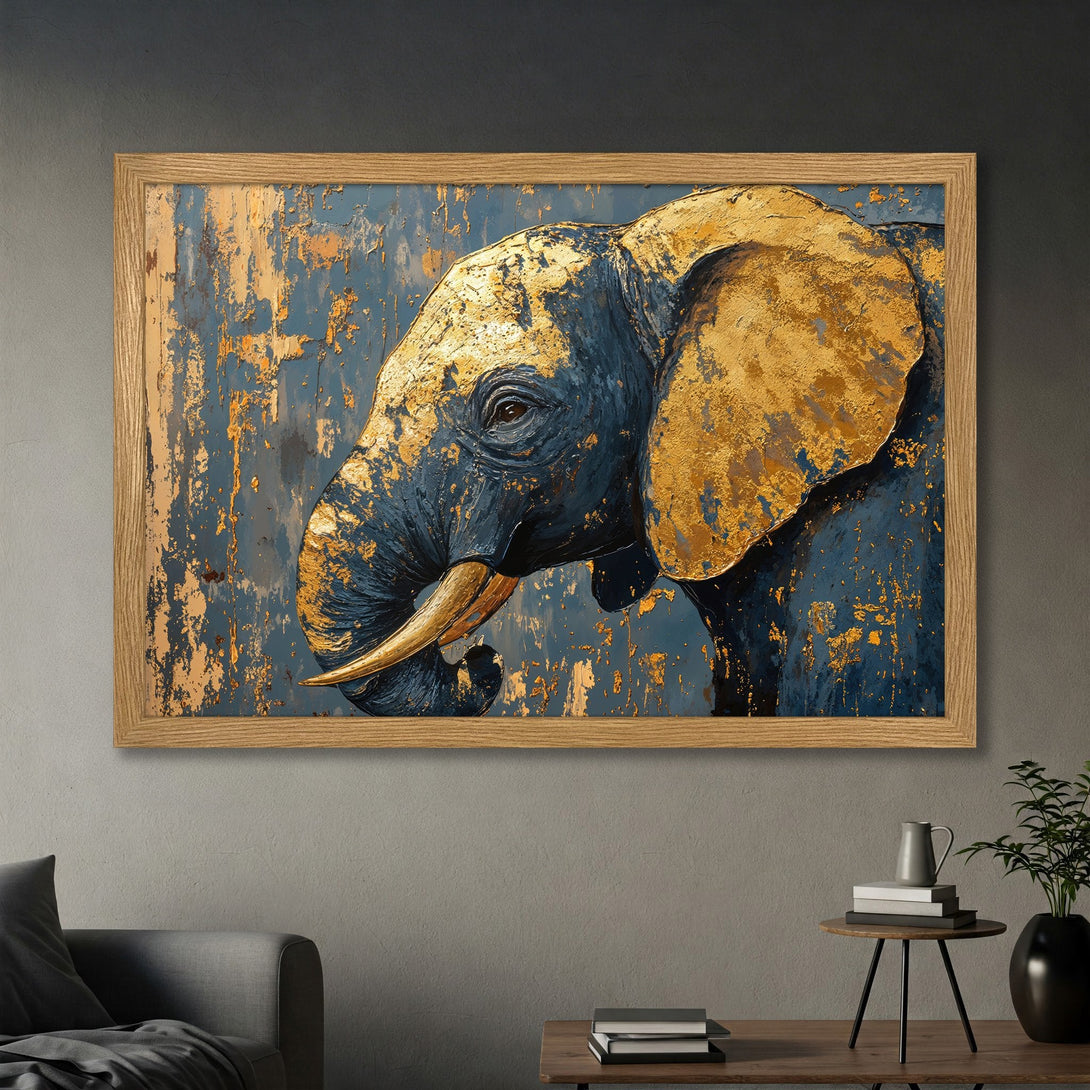 Framed Poster featuring an elephant in a textured, abstract style with a blue, gold, and brown color palette. Perfect wall art for your home!