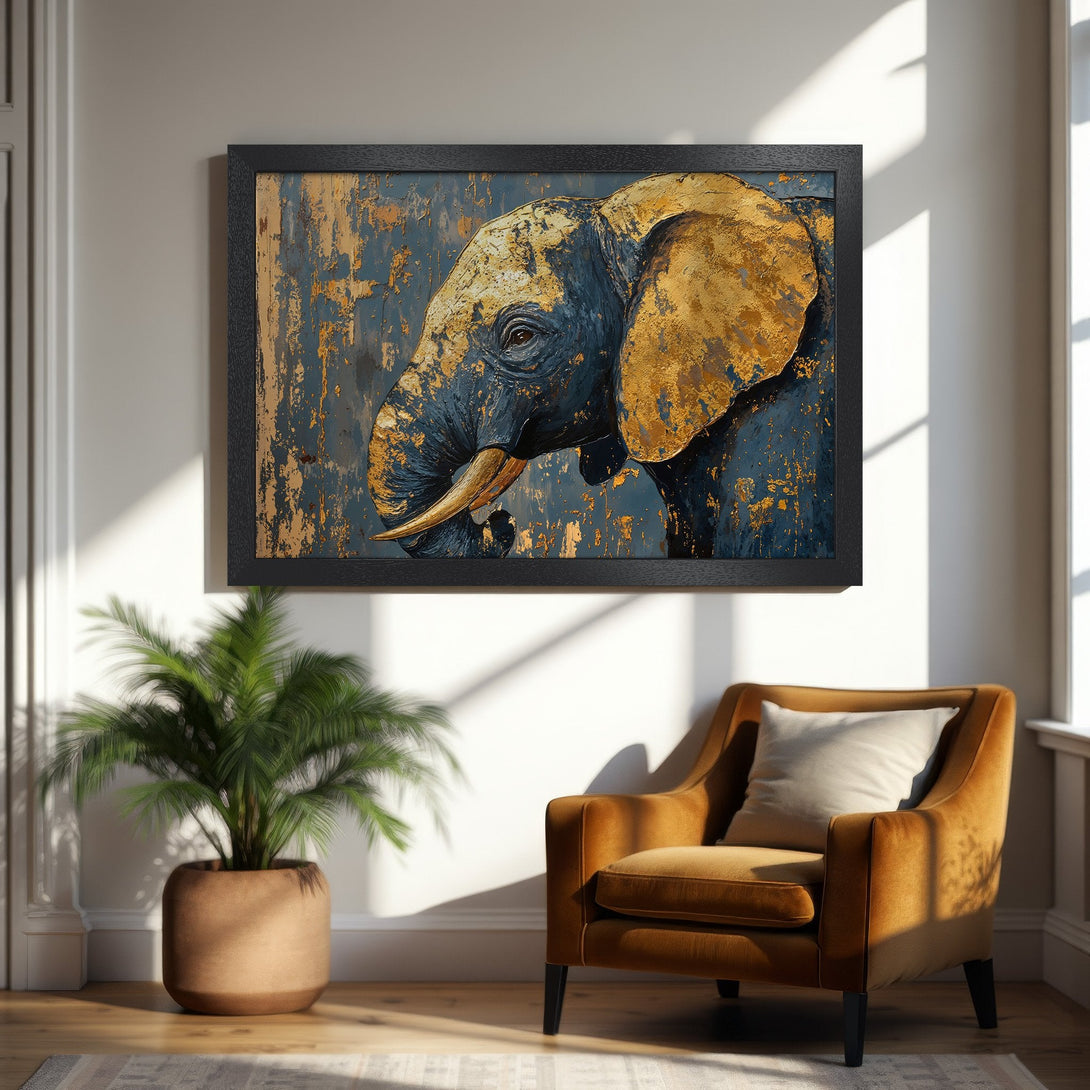 Framed Poster featuring an elephant in a textured, abstract style with a gold and blue color palette. Perfect for home decor!