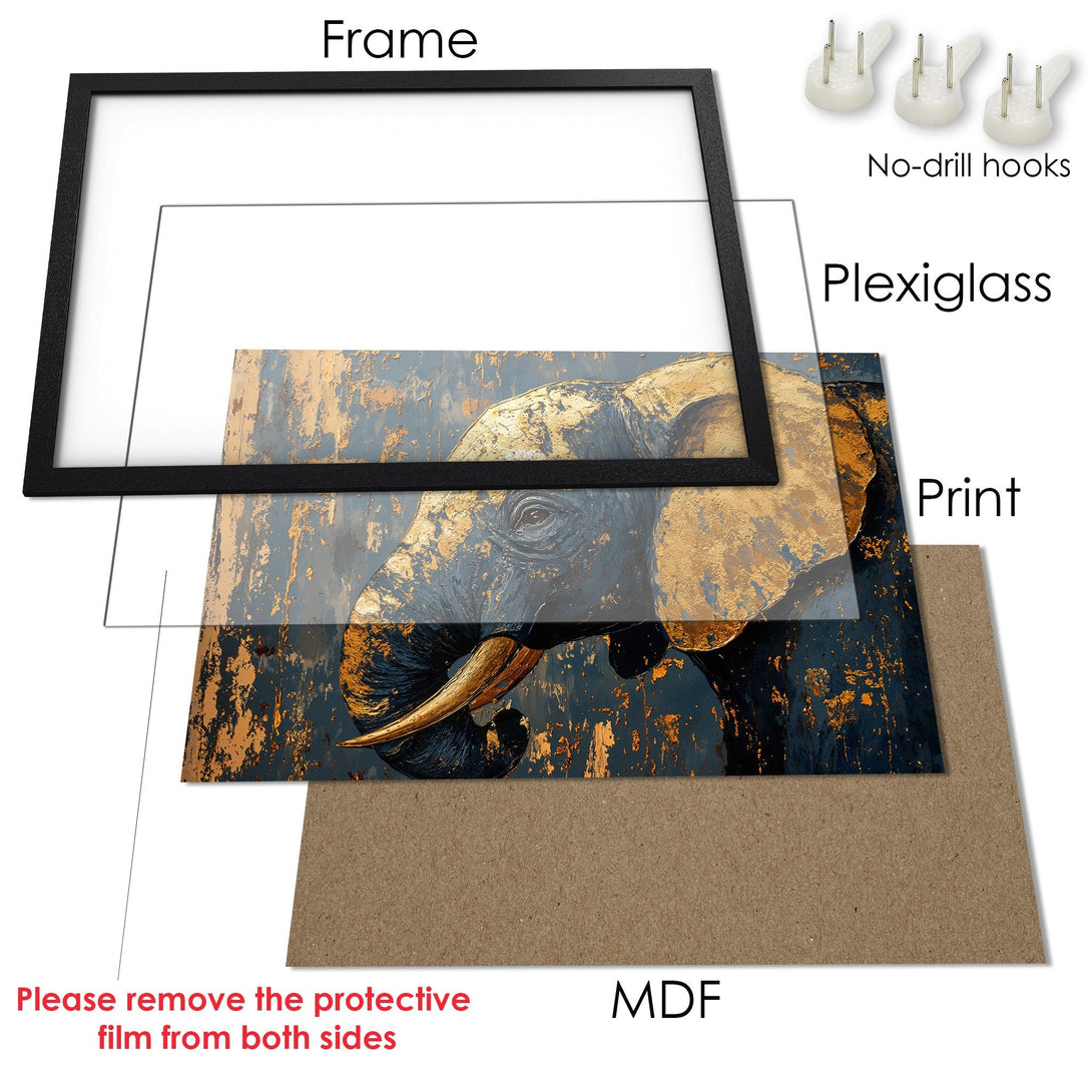 Framed Poster of an elephant in a textured, abstract style with a blue and gold color palette. Elevate your space!