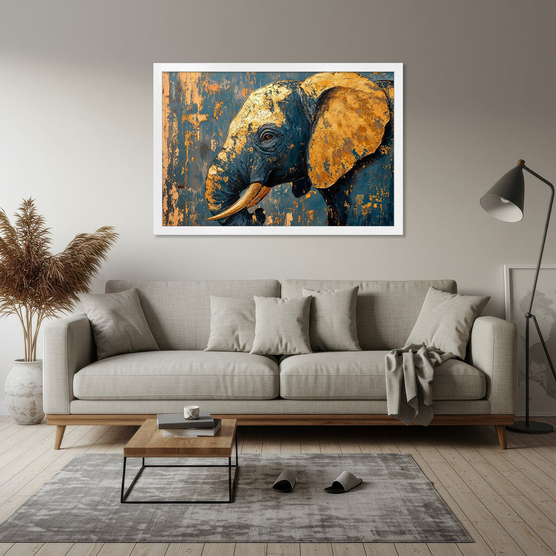 Framed Poster featuring an elephant in a modern, abstract style with a blue and gold color palette. Perfect wall art for any room!