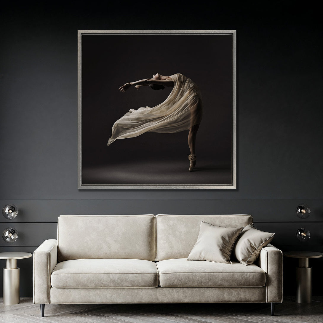Framed Wall Art: Elegant ballerina canvas print in neutral tones. Modern art for living room decor. Adds sophistication and style to any space.
