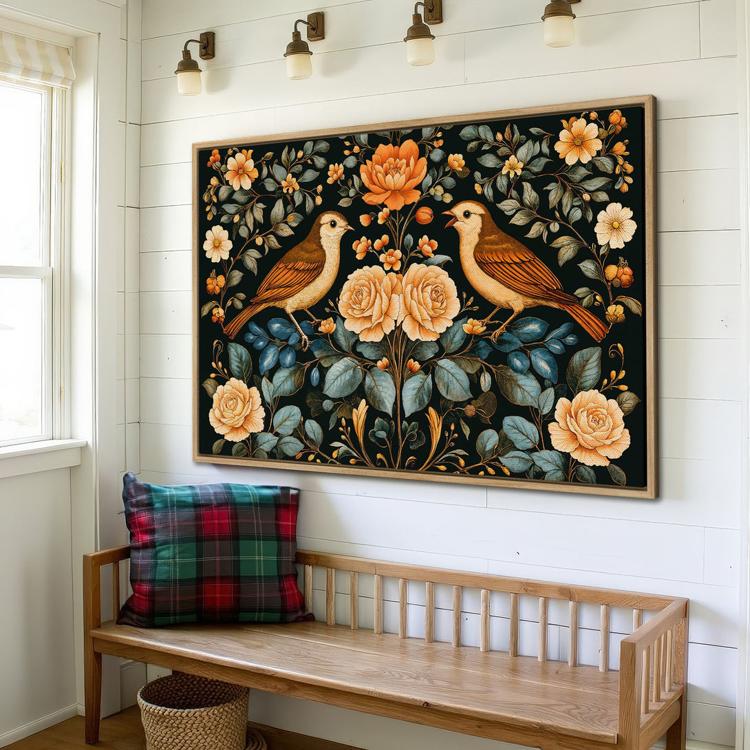 Framed Wall Art: Vintage bird and floral print in a warm color palette. Adds elegance to any space. Shop Canvas Prints today!