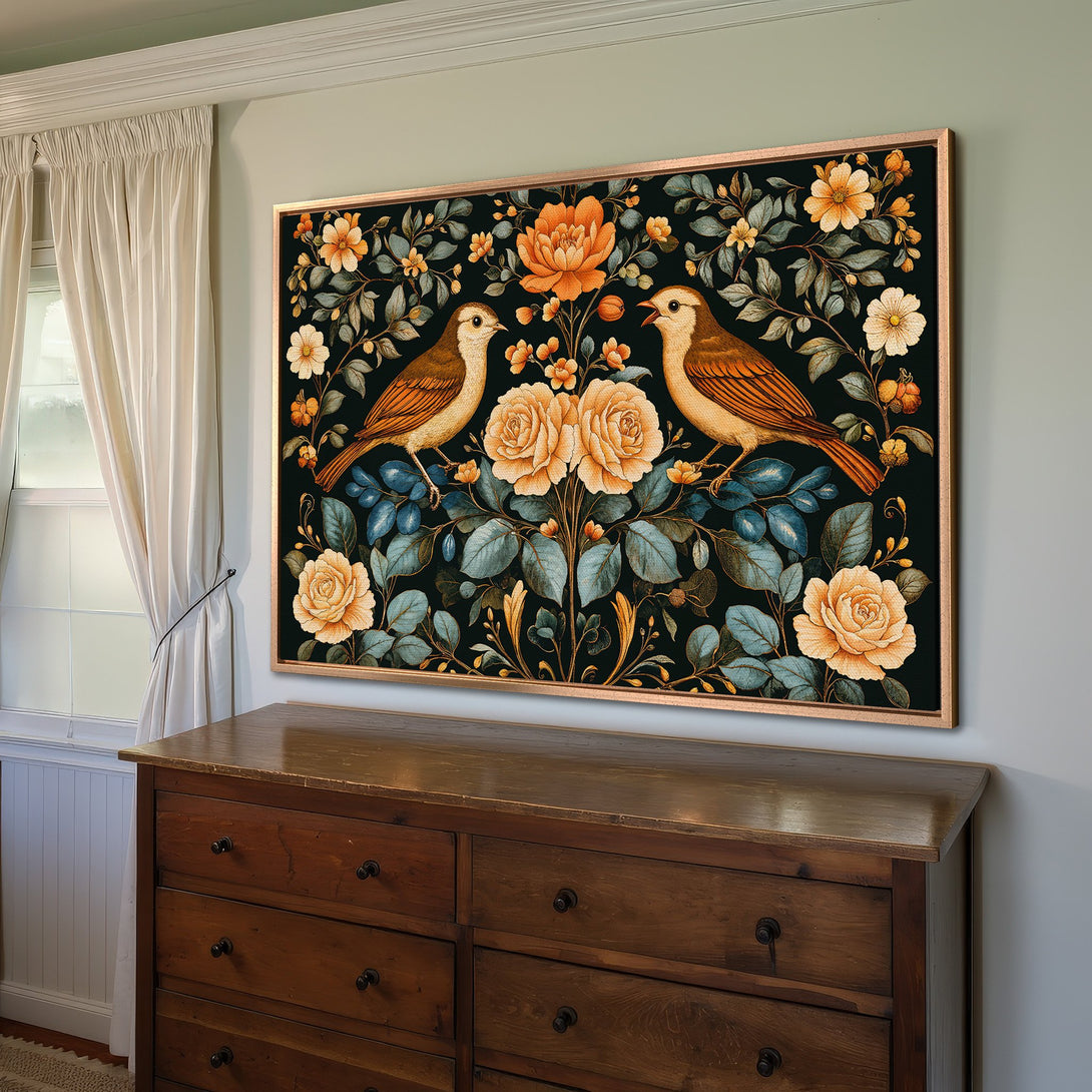 Framed Wall Art: Birds & floral Canvas Print in warm tones. Vintage style, perfect for home decor.