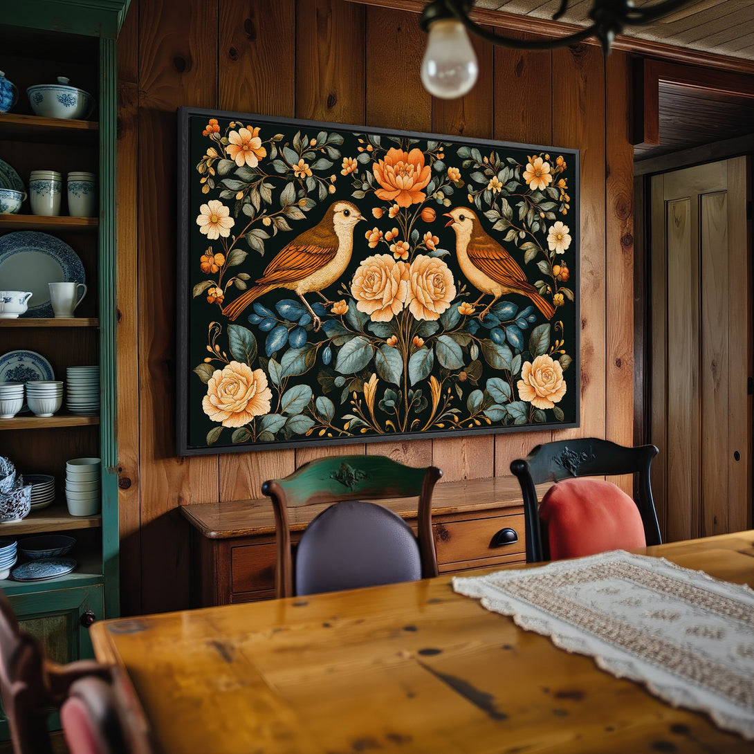 Framed Wall Art: Vintage-style floral and bird print in warm orange and green tones. Adds a touch of elegance to any dining room.