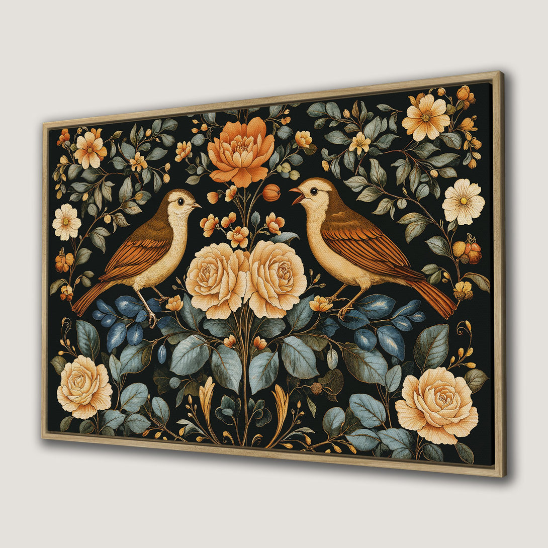 Framed Wall Art featuring birds and flowers in a vintage style, warm color palette of orange, yellow, and blue on a black background.