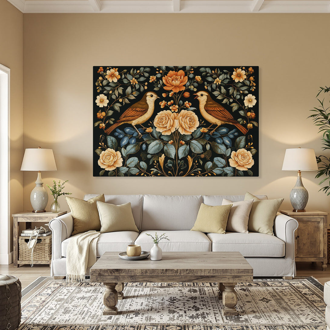 Framed Wall Art of birds and flowers in a vintage style, featuring a warm color palette of orange, green, and black. Perfect for home decor.