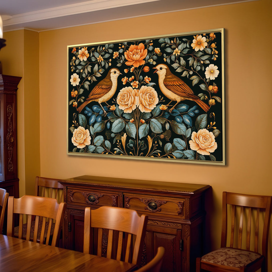 Canvas Print featuring birds and floral design in warm, earthy tones. Perfect for adding a touch of nature-inspired elegance to your space.