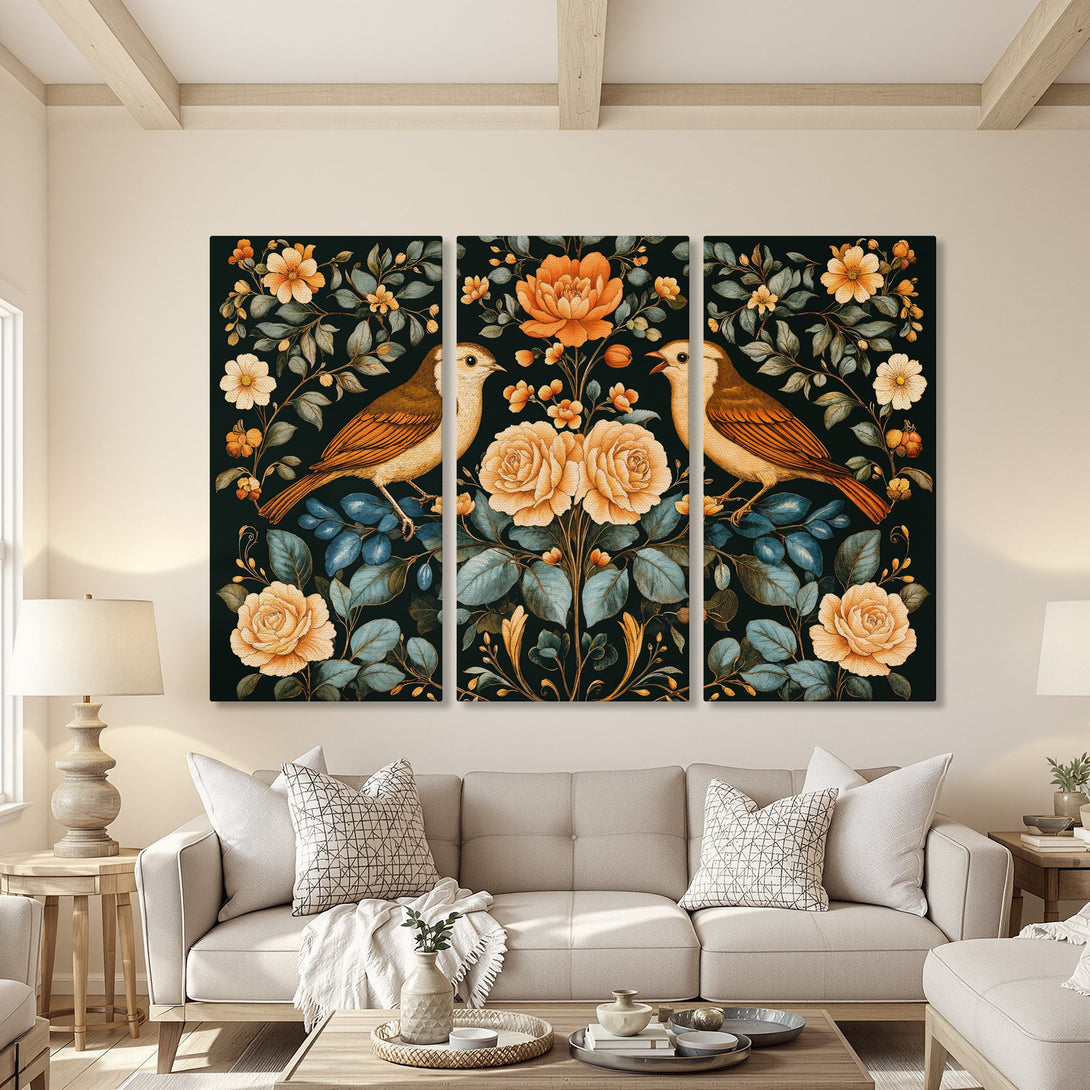 Canvas Print featuring birds and floral design in a vintage style, showcasing a warm color palette of orange, green, and gold. Perfect for home decor.