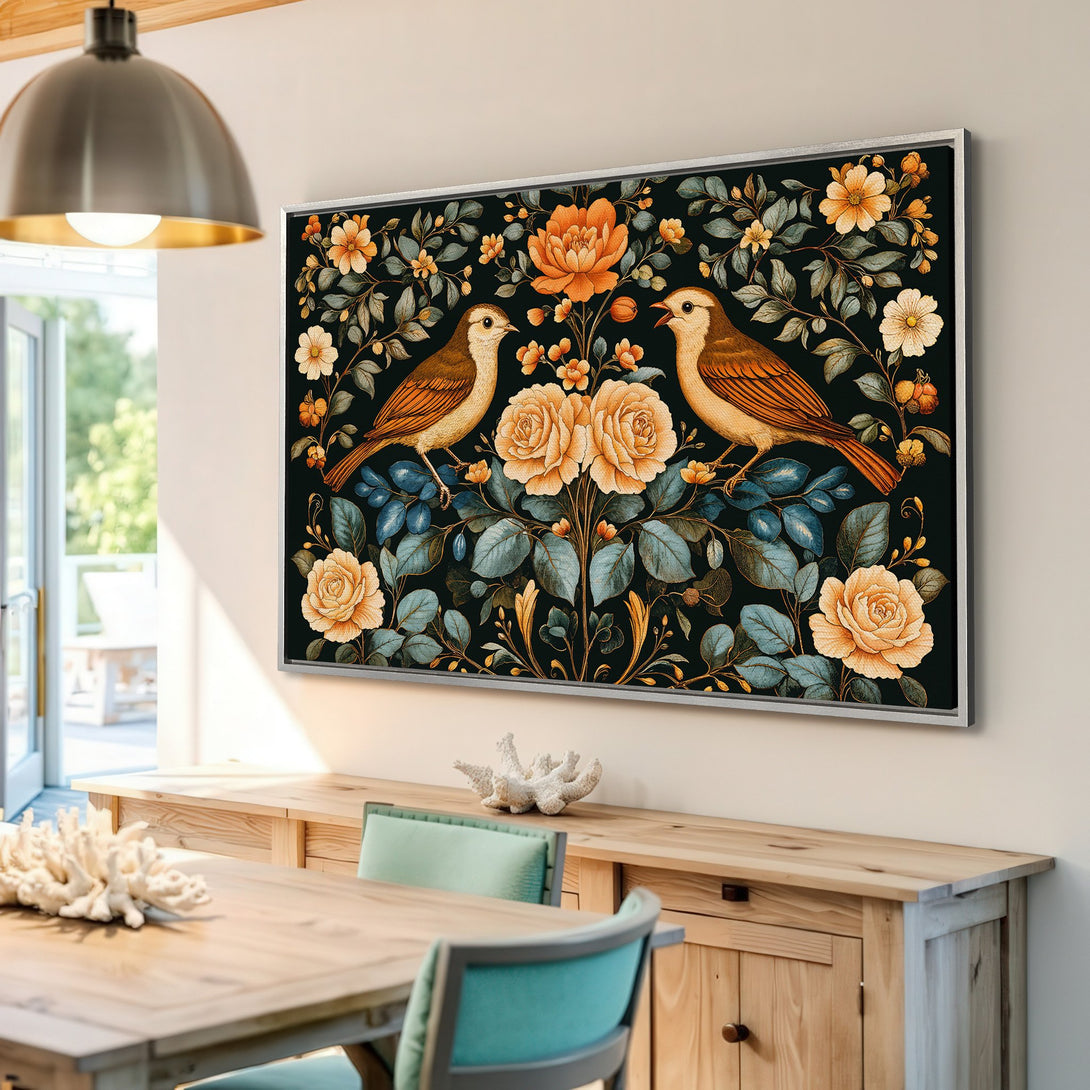 Framed Wall Art featuring birds & flowers in a vintage style. Warm orange, green, and black color palette. Perfect for adding a touch of elegance to your home.