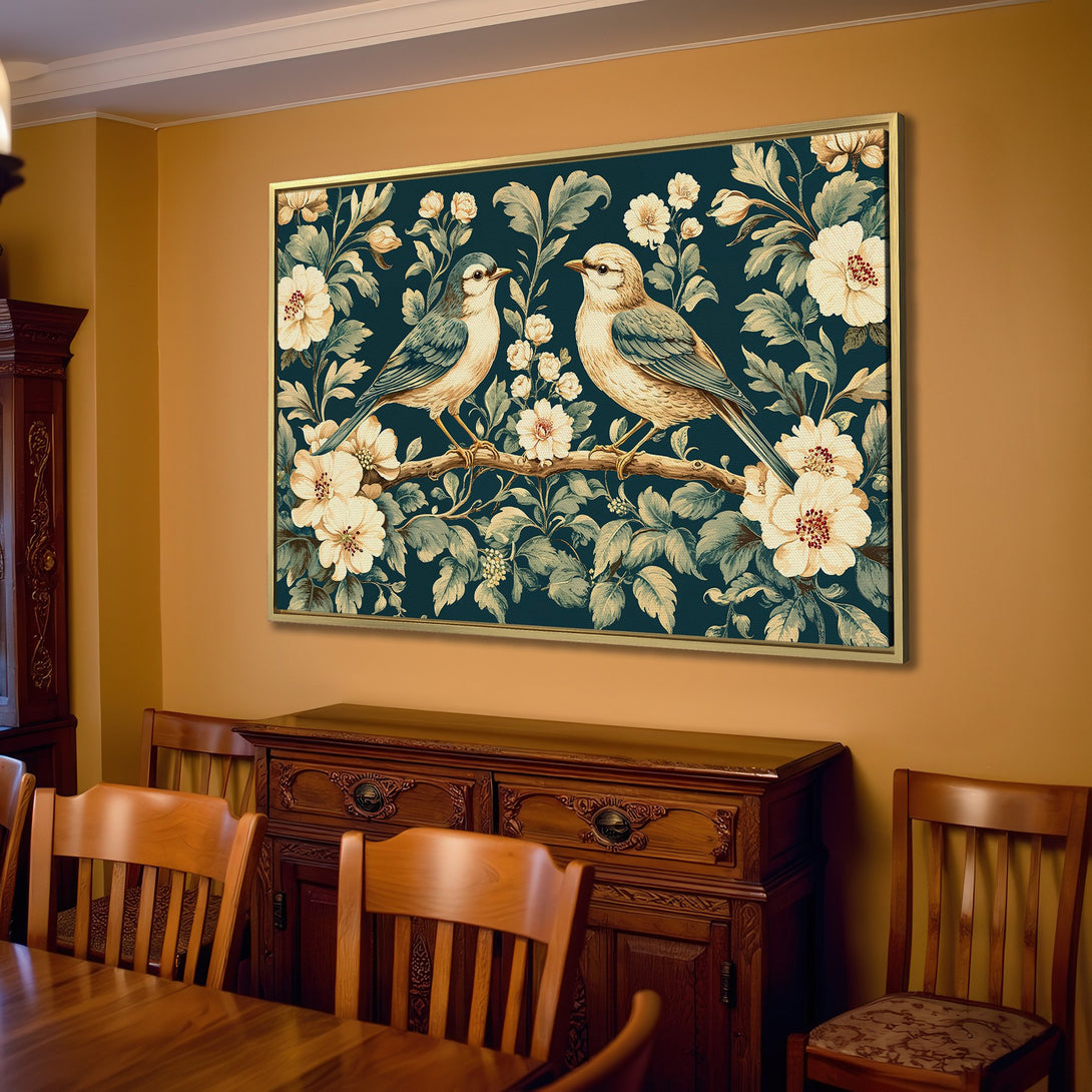 Canvas Print: Vintage bird art with floral details. Features a dark blue background, cream flowers, and neutral tones. Perfect for home decor.