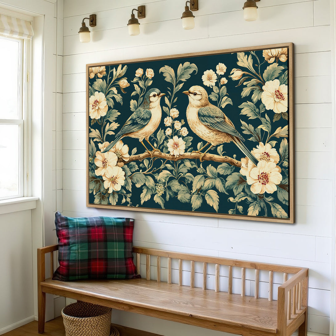 Framed Wall Art featuring birds & floral design in a vintage style. Teal, cream, and green color palette. Perfect for adding a touch of elegance.